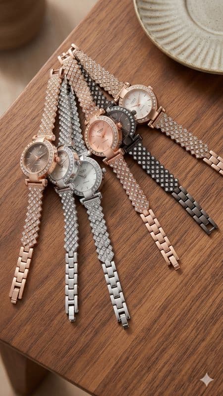 Women’s Stainless Steel Rhinestone Watch | Elegant Analog Quartz Wristwatch with Embellished Strap & Round Dial