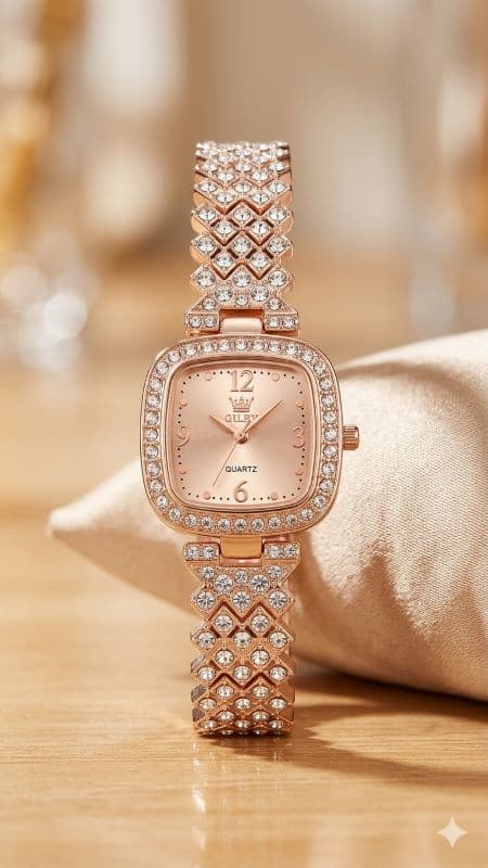 Women’s Stainless Steel Rhinestone Watch | Elegant Analog Quartz Wristwatch with Embellished Strap & Round Dial